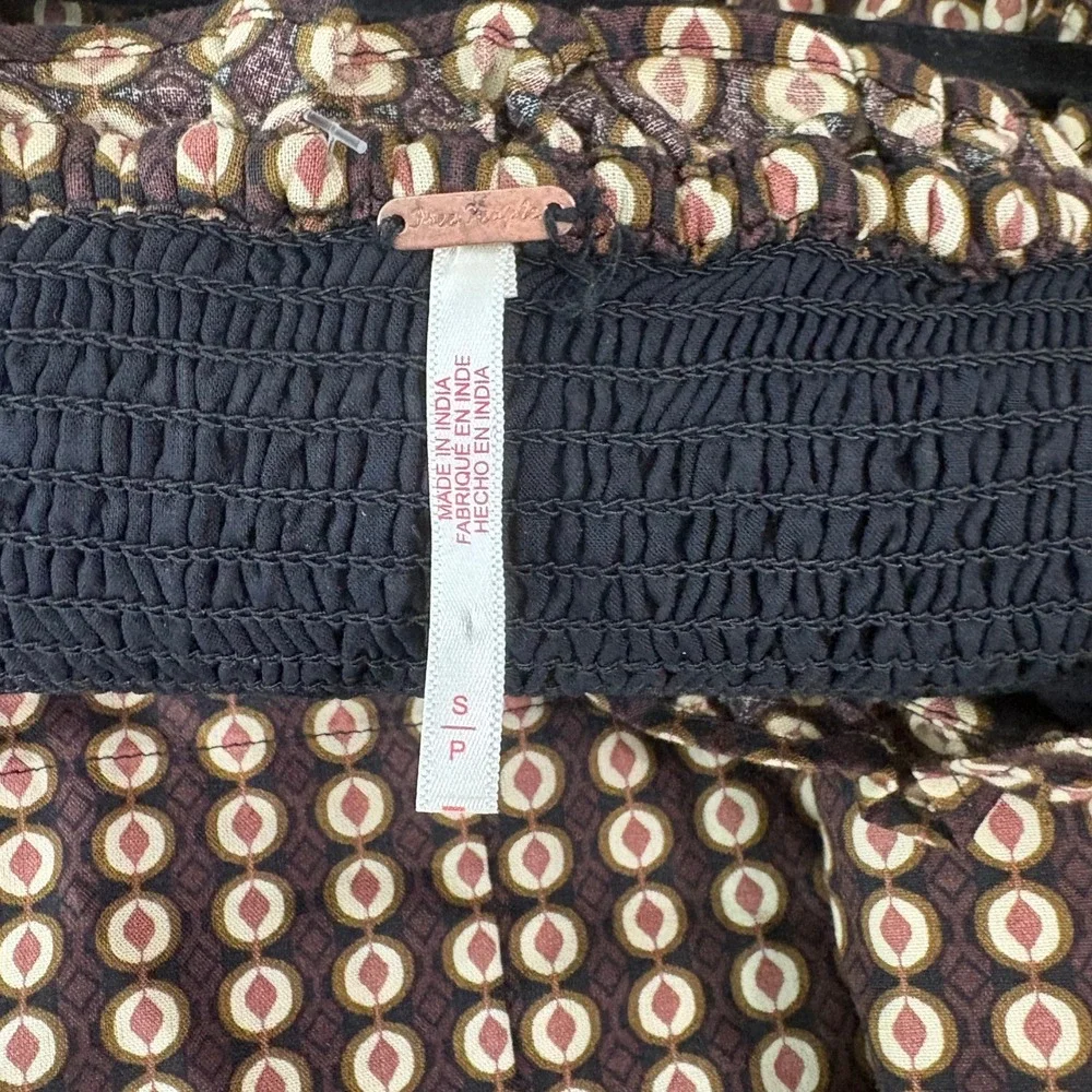 Free People Star Dip Mini Dress Womens Size Small Brown Smocked Boho Long Sleeve